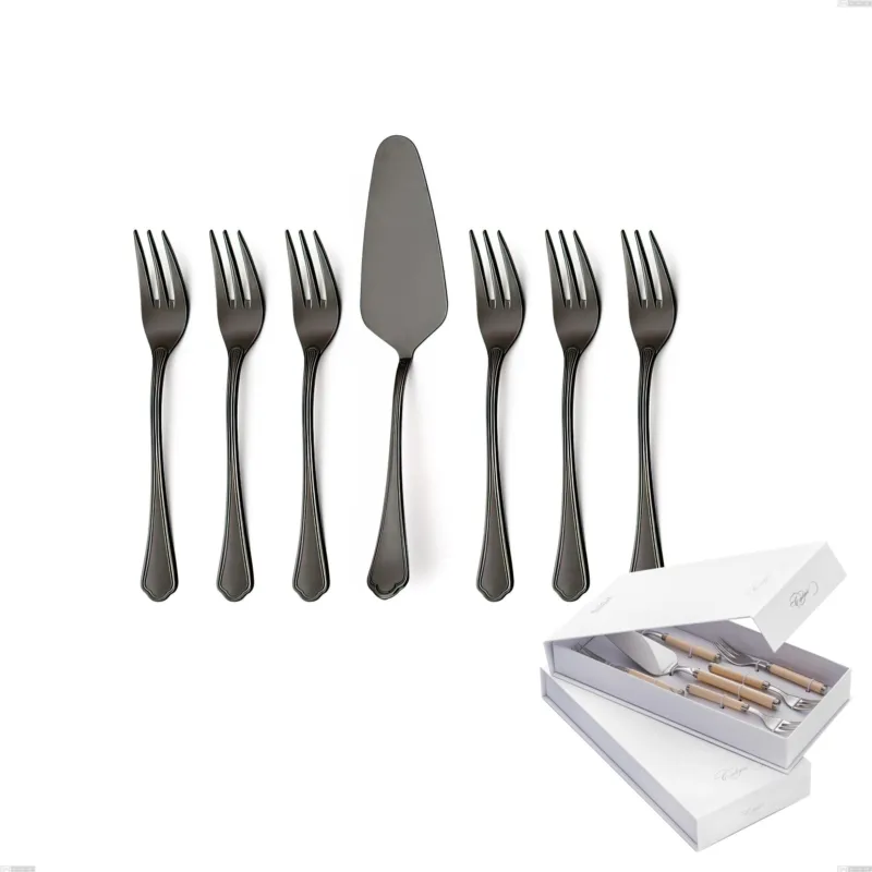 Confezione a libro 7 pezzi, forchettine più paletta dolce Domus Black , Acciaio 18/10 Finitura PVD, spessore 3 mm Eme Posaterie Prezzo Scontato