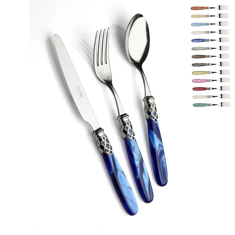 Nuovo Arrivo Servizio posate 4 pezzi posto tavola FRANCE Ghiera LUCIDO in acciaio inox 18/10 lucido spessore 2,5 manico in acrilico madreperlato con ghiera in metallo Effetto Lucido Domus e Design Trasparente