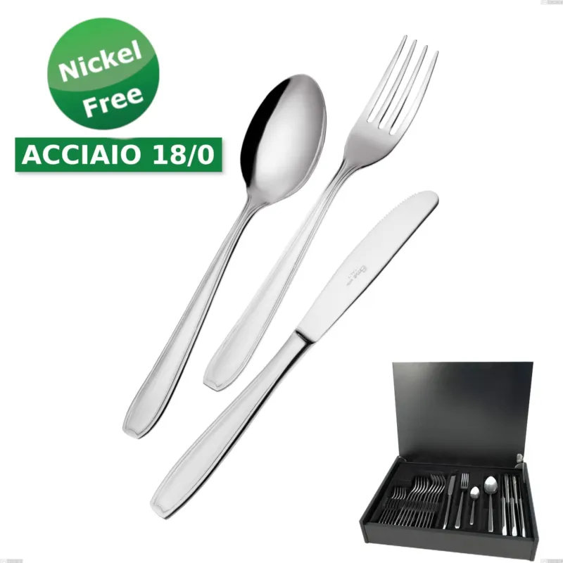 Servizio di posate 24 pezzi in astuccio di legno Atena 18 Cromo, (Acciaio 18/0) Nichel Free, spessore 2 mm Eme Posaterie Sconto