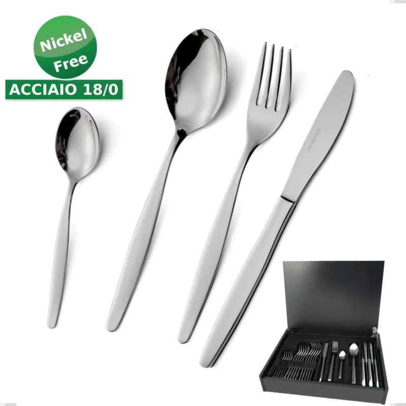 Prezzo Scontato Servizio di posate 24 pezzi in astuccio di legno Beme acciaio 18/O (ASI 430 ) Nichel Free, spessore 2 mm Finitura cromo lucido Eme Posaterie