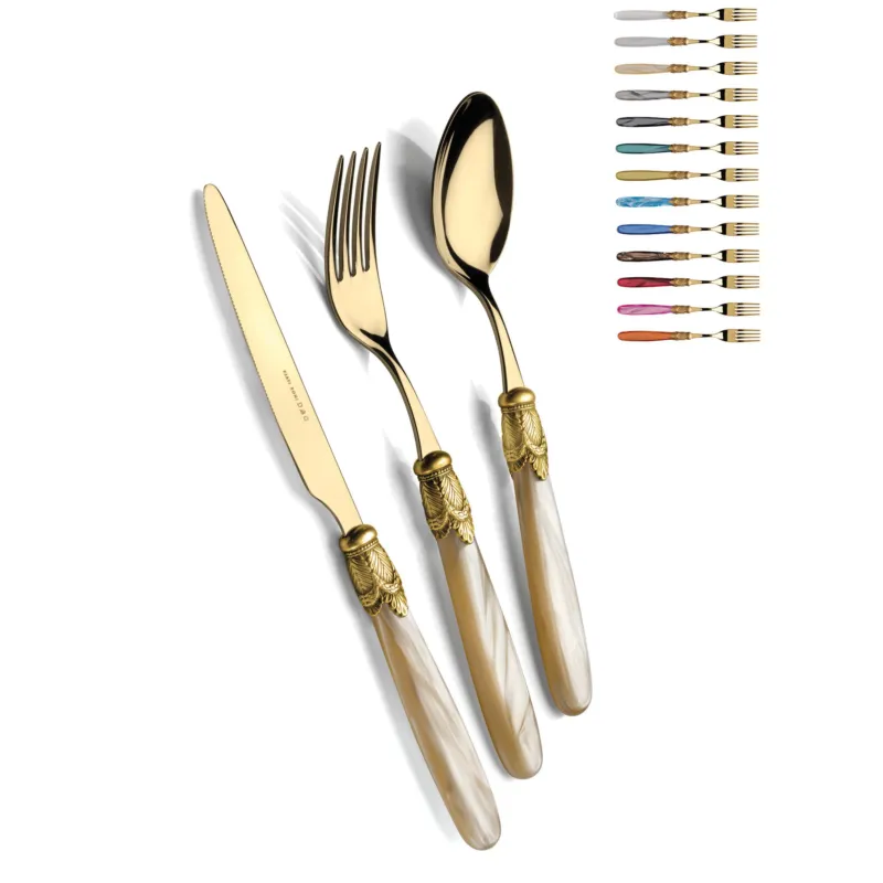Servizio posate Ischia Ghiera oro Anticato e Oro, un posto tavola, Servizio posate 4 pezzi in acciaio inox 18/10 lucido spessore 2,5 manico in acrilico madreperlato con ghiera in metallo Oro Anticato Domus e Design Trasparente Pagamento Sicuro