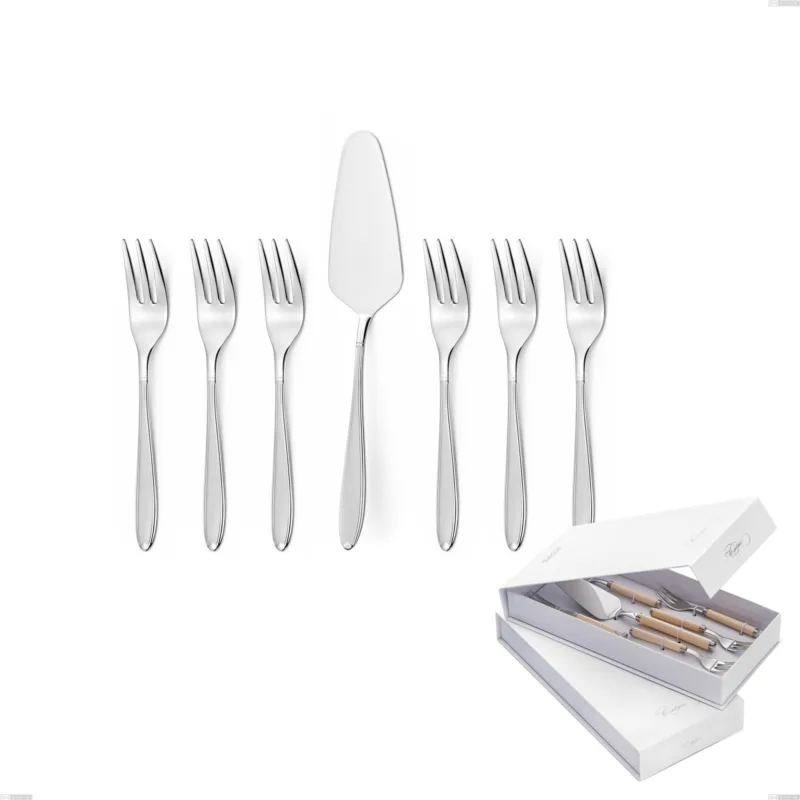 Confezione a libro 7 pezzi, forchettine più paletta dolce Kappa Sabbiato, 18/10 (AISI304) , spessore 2,5 mm Eme Posaterie Scelto Dai Clienti