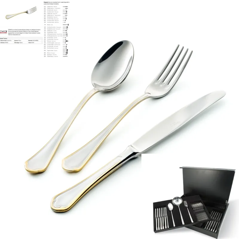 Servizio Posate DOMUS ORO 113 pezzi acciaio inox 18/10 lucidato a specchio spessore 3 mm in astuccio legno Eme Posaterie Scelto Dai Clienti