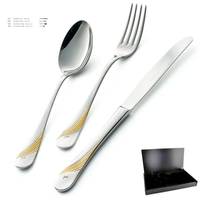 Set Posate MILANO INCISO ORO 24 pezzi in acciaio 18/10 lucidate a specchio spessore 2,5 mm in Astuccio Legno Eme Posaterie Spedizione Espresso