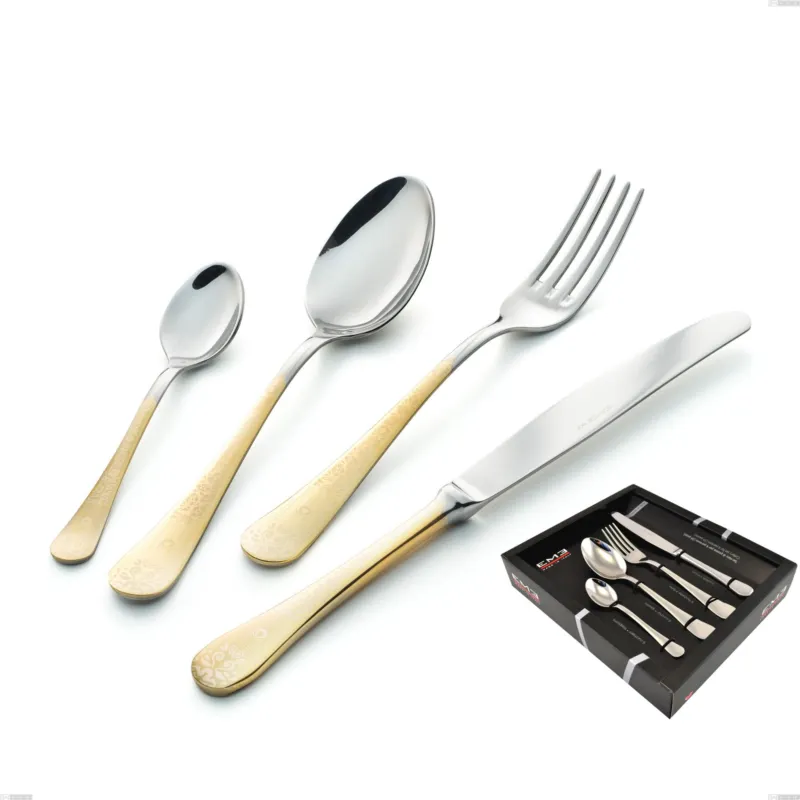 Spedito Oggi Set Posate HERMITAGE ORO 24 pezzi in acciaio 18/10 lucidate a specchio spessore 2,5 mm in Confezione Vetrina Eme Posaterie