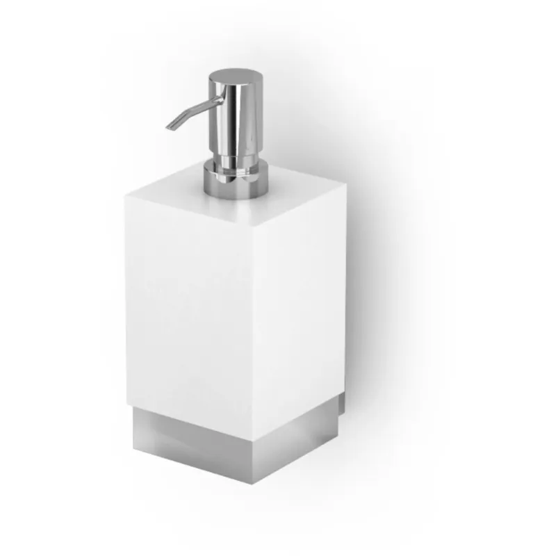 Esclusivo Porta Dispenser XONY fissaggio a muro 7,5x10xh17 cm in Acciaio inox Lucido e Contenitore in resina bianco opaco con particolari inox IBB 1974