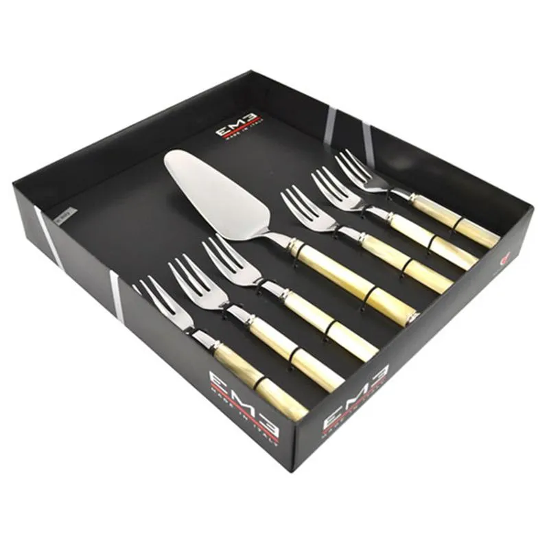 Confezione 7 Pezzi dolce PERLATO in acciaio inox 1810 composizione 6 forchette piu Pala Dolce in scatola Eme Posaterie Avorio Perlato 13 EME Novità