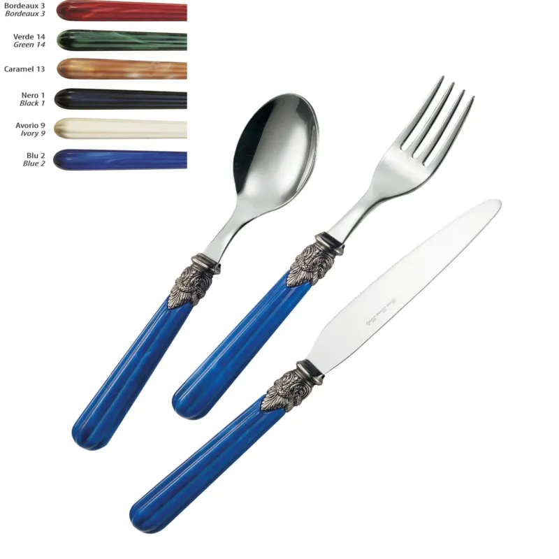 Servizio Posate Colorate Set 24 pezzi VERSAILLES in acciaio 18/10 manico effetto marmorizzato ghiera decorata effetto retrò lavabili in lavastoviglie EME Eme Posaterie Blu Nuova Collezione