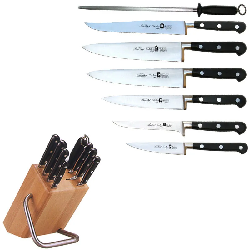 Occasione Imperdibile Ceppo coltelli in legno di faggio27x14,5xh27 cm con 8 coltelli Forgiati a mano linea Master chef Coltellerie Paolucci