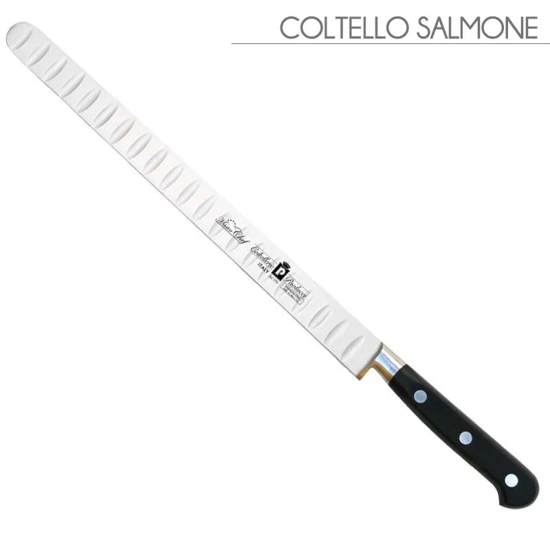 Novità Coltello salmone forgiato Manici in POM per alimenti. colore nero. resistente in lavastoviglie. Coltellerie Paolucci