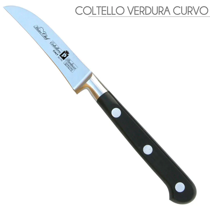 Popolare Coltello per verdura lama forgiata da 7 cm curvo Manici in POM per alimenti. colore nero. resistente in lavastoviglie. Coltellerie Paolucci