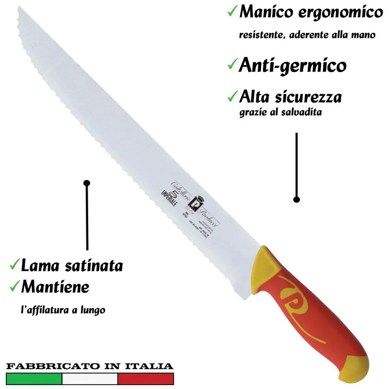 Coltello seghettato lama inox 31 cm Manici in polipropilene gomma antiscivolo atossici trattamento germicida Coltellerie Paolucci Popolare