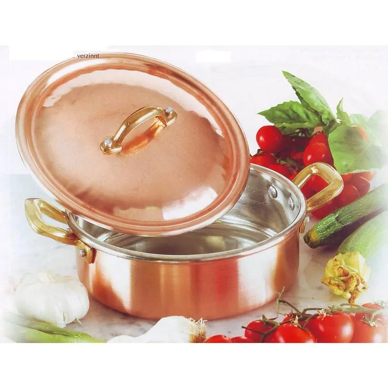 Casseruola Bassa 2 manici Ø 20 cm realizzata in rame massiccio liscio. stagnato a mano Linea Traditional CuArtigiana Reso Gratuito