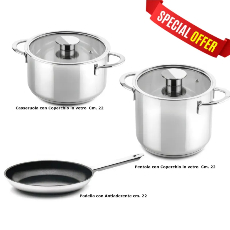 Batteria di pentole 5 pezzi GOURMET acciaio inox 18/10 con coperchi in vetro pyrex adatta per per piano elettrico, induzione, gas, alogeno, vetroceramica , forno MEPRA S.p.a. Offerta