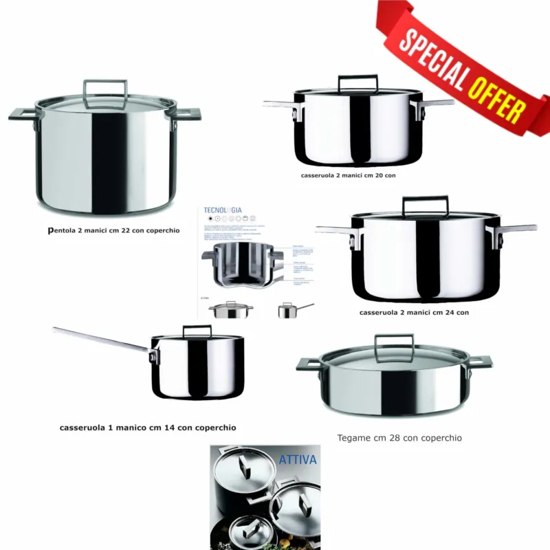 Batteria di pentole, Mepra Modello ATTIVA Kitchen, 10 Pezzi, Trimetallo Acciaio Inossidabile 18/10, Alluminio e acciaio MEPRA S.p.a. Ultime Pezzi