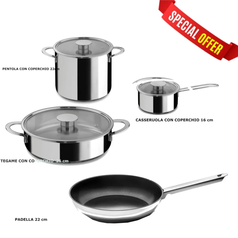 Quantità Limitata Batteria di pentole 7 pezzi in acciaio inox 18/10 GOURMET con coperchi in vetro pyrex, adatta per per piano elettrico, induzione, gas, alogeno, vetroceramica , forno MEPRA S.p.a.