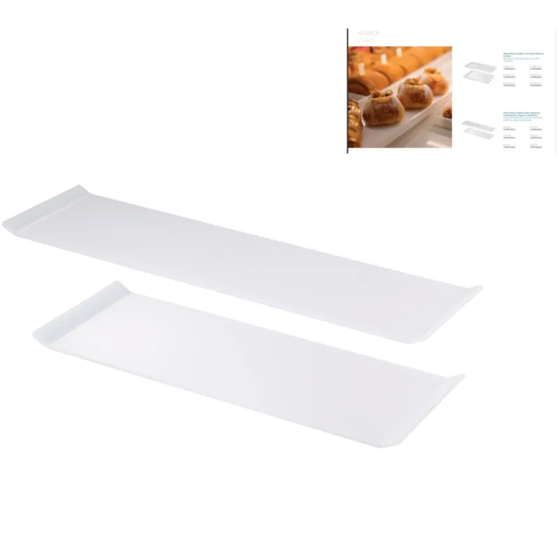 Prezzo Conveniente Vassoio piano, ideale per monoporzioni, mignon e pralineria Dimensioni 45x10 cm Forma piatta Colore opalino Erreenne srl