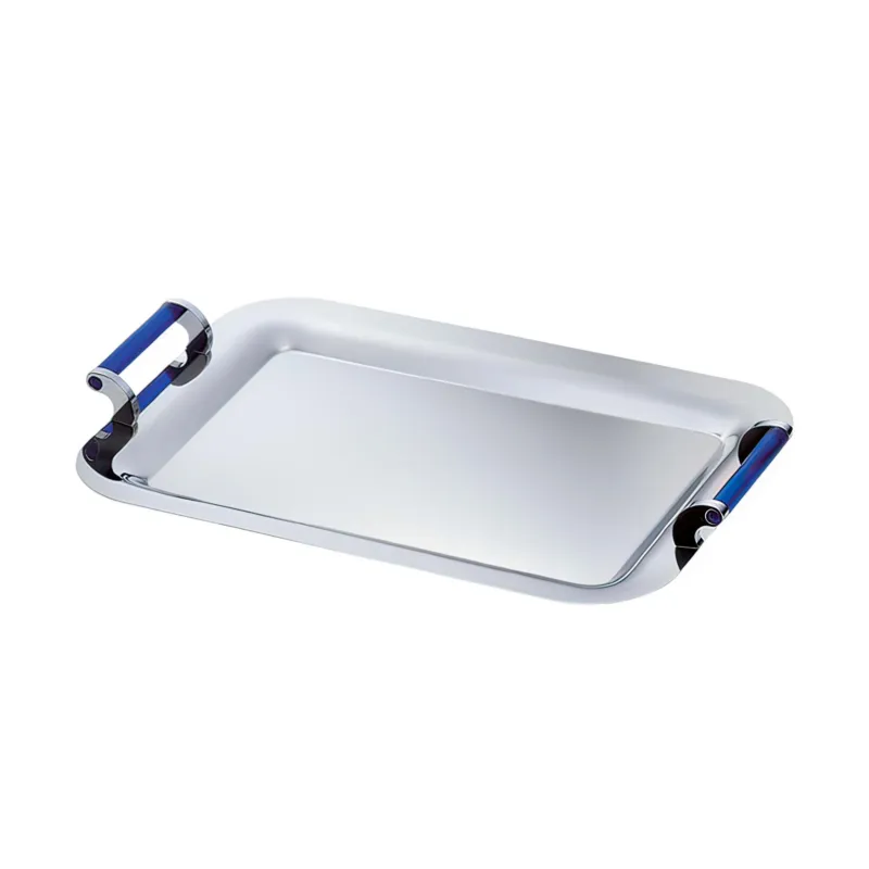Vassoio Rettangolare Grande con manici 48x32,2 cm - Linea VULCANO EME in acciaio inox con maniglie con inserti in metacrilato blu Eme Posaterie Offerta