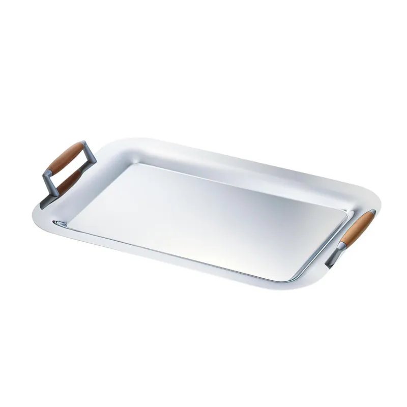 Vassoio Rettangolare con manici 43x30 cm - Linea APLOLLO EME in acciaio inox Lucido con manicatura in legno Eme Posaterie Prezzo Basso