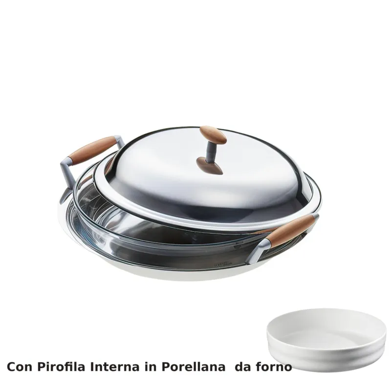 Vendita Finale Risottiera rotonda Rotonda con Apollo Ø 30 cm con Pirofila In Porcellana , finitura inox Lucido manicatura in legno finitura lucida Eme Posaterie
