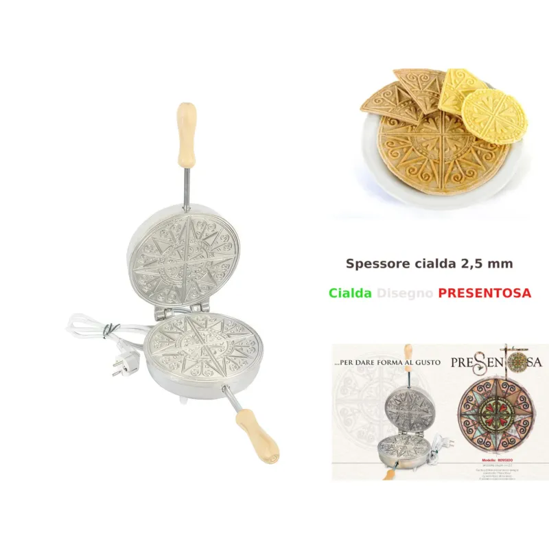 Biscottiera elettrica tonda con disegno ispirato alla PRESENTOSA (gioiello tipico abruzzese) 23,5x19x h 11 cm 600 Watt 3,0 kg Spessore cialda mm 2,5 cialda tonda, sottile e croccante CBE-Ferratelle Occasione Imperdibile