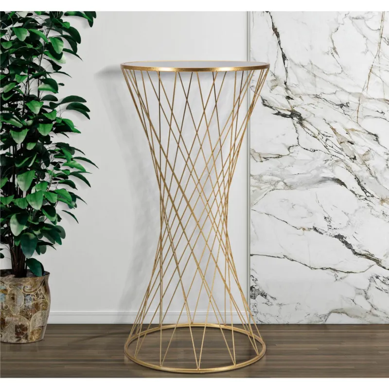 Di Tendenza Tavolinetto rotondo in metallo dorato, piano in vetro temperato TOWER dimensioni Ø 50x h100 cm linee geometriche piano a specchio Mauro Ferretti