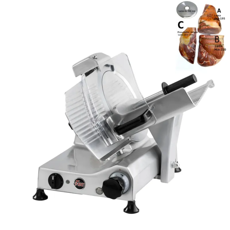 Prezzo Conveniente Affettatrice domestica a Gravità FAC F250 R con affilatoio Fisso per lama 58x42xh34 cm - Lama 250 mm - 14,0 Kg in lega leggera di alluminio Fac Affettatrici