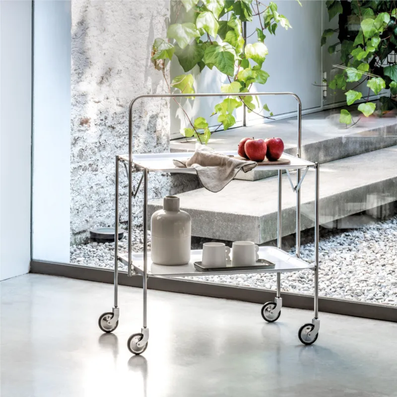 Spedizione Espresso Carrello Portavivande Salvaspazio richiudibile in soli 6 cm SELECT 64x42xh82cm Struttura Inox Lucido , ripiani in formica bianca Pezzani srl
