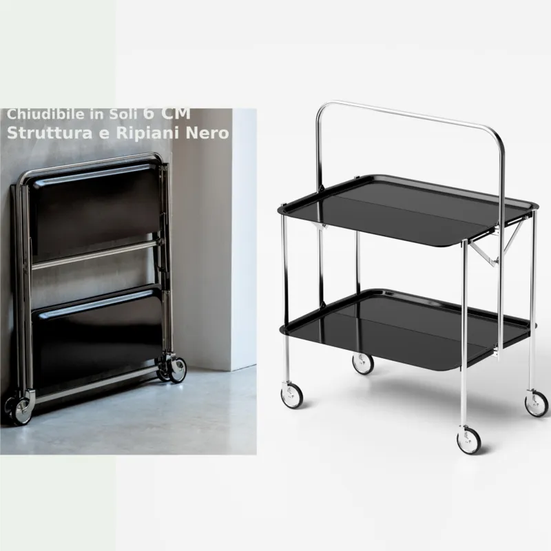 Subito Disponibile Carrello Portavivande Salvaspazio richiudibile in soli 6 cm SELECT 64x42xh82cm Struttura Nero , ripiani in formica nero sablé Pezzani srl