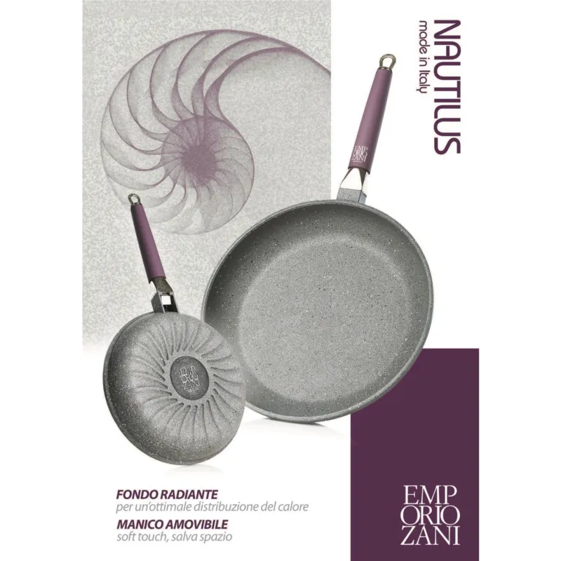 Set 3 padelle in alluminio pressofuso con manico removibile 20-24-32 cm Nautilus rivestimento antiaderente Serafino Zani Nuova Collezione