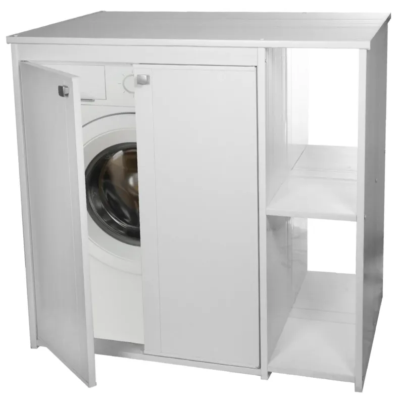 Copri lavatrice in PVC da esterno interno con ante e scaffali laterali, Dimensioni 95x60xh 94 cm fornito in kit di montaggio Negrari Sconto