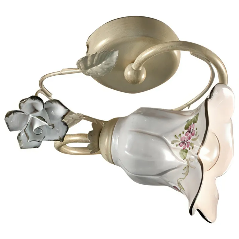 Applique Lampada da Muro in Ceramica con Delicate rose dipinte a mano PISA H 20 cm ∅ 20 cm peso 1 kg - Attacco Lampada E14 interno esterno, Bianco Vintage Ferroluce Popolare