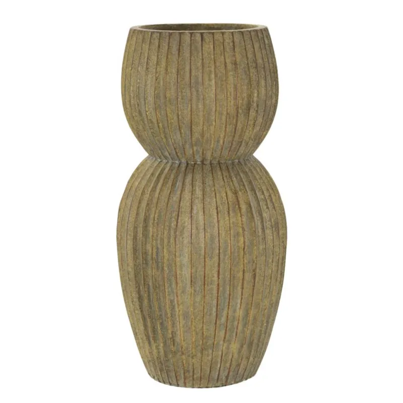 Nuova Collezione Vaso Forma Rotonda a due stadi ,Rustico, Ø 25x h 52.00 cm - Foro 17 cm in texture scanalata Colore naturale Verde sporco Mauro Ferretti