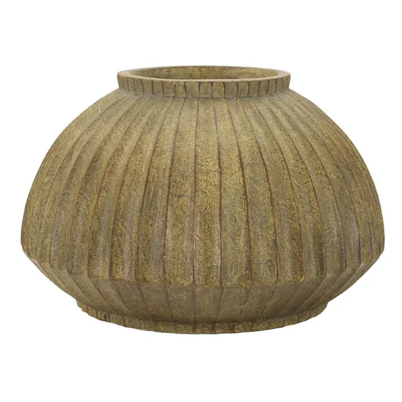 Vaso decorativo dalla Forma schiacciata., HONDURAS, Ø 40x h26,5 cm Foro 15 cm in texture scanalata Colore naturale verde sporco Mauro Ferretti Nuova Collezione
