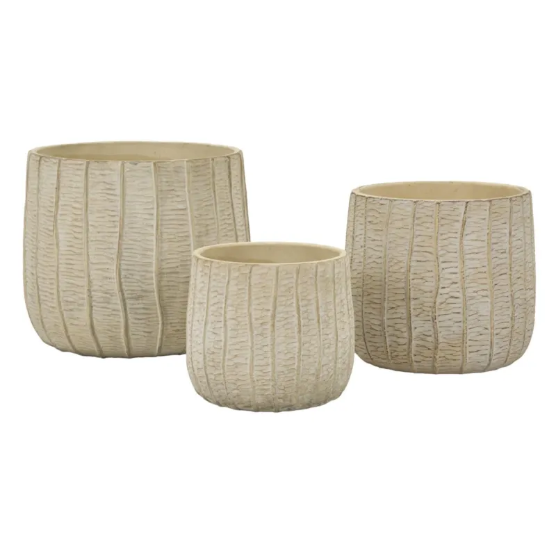 Consegna Rapida Cachepot TRIS rotondo in Ceramica, HONDURAS, Dimensioni 30,5X27-25X22,2-19,5X18 cm Texture verticale effetto legno Mauro Ferretti