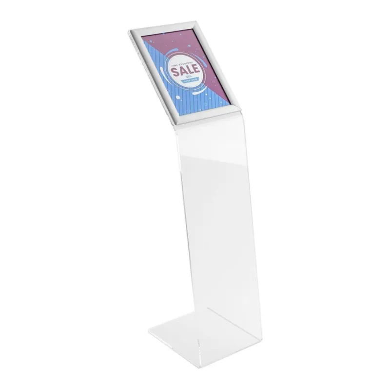 Bestseller Espositore a leggio a L con cornice a scatto Linea SLIM è realizzato completamente in Dimensioni 24,5x24,5 h 98.5 cm porta avvisi A4 in Acrilico colore trasparente IWIRD SRL