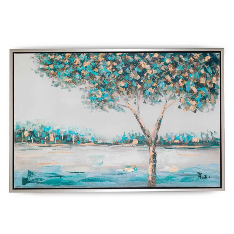 Quadro da parete, quadro con cornice PAESAGIO TURCHESE 120x80x1,6 cm orizzontale pannello in legno colore ARGENTO disegnato su tela a rilievo Fantin Argenti Super Prezzo