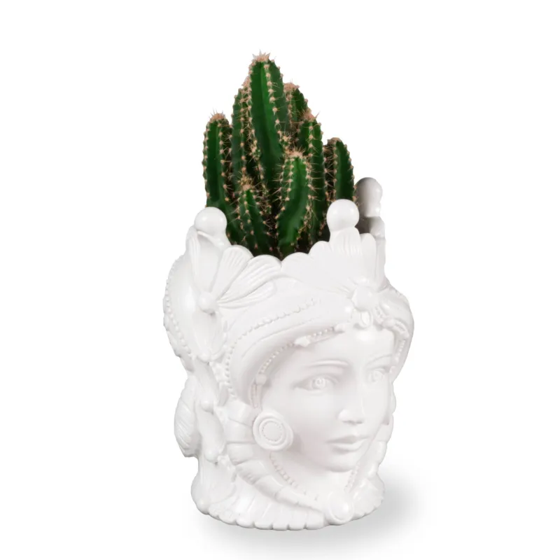 Vaso fiori Testa di Moro con piantina BIANCO Piccola 5xh 8cm - bifacciale moro siciliano uomo donna Fantin Argenti Soddisfatti O Rimborsati