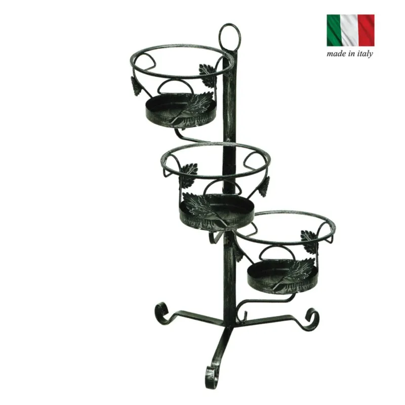Promozione Esclusiva Porta vaso in ferro Battuto con foglie, 3 Posti Dimensioni 50x h 72 cm - cestello x vasi in ferro battuto 21xh 14 cm colore nero Sessa Ferro Battuto