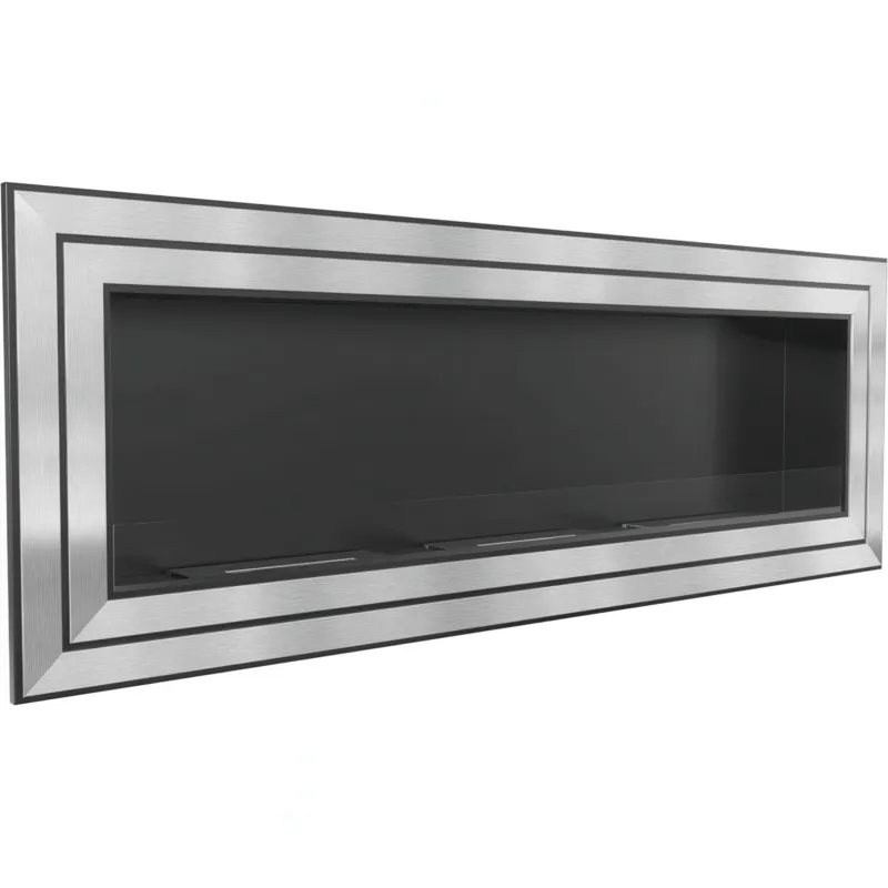 Camino Bioetanolo DA APPENDERE O AD INCASSO JULIET 1800 inox con Vetro TRE Bruciatori Dimensioni 180x14,2x h 65 cm - peso 38 kg Certificato ISO 9001 colore Nero bordo inox KRATKI Compra Oggi Stesso