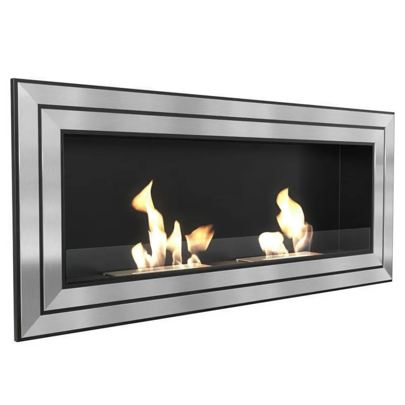 Camino Bioetanolo DA APPENDERE O AD INCASSO JULIET 1500 inox con Vetro due Bruciatori Dimensioni 150x14,2x h 65 cm - peso 33 kg Certificato ISO 9001 colore Nero bordo inox KRATKI Professionale