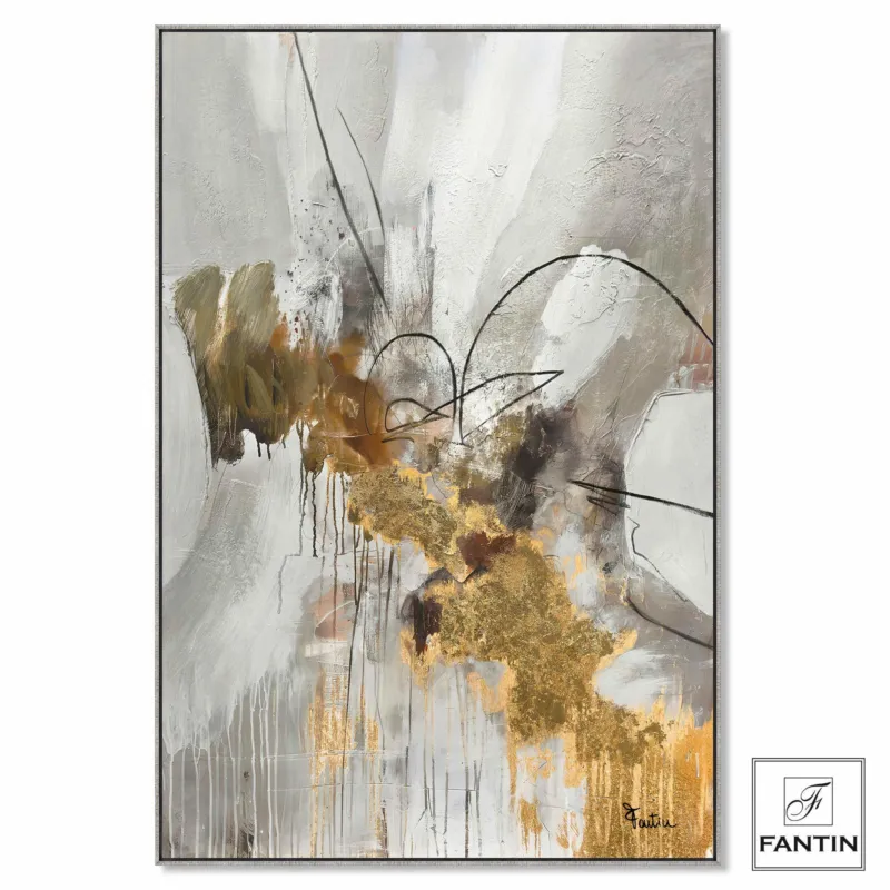 Direttamente Dal Produttore Quadro con cornice da parete, Quadro con cornice astratto GREY GOLD 80x120x1,6 cm pannello in legno colore con colori acrilici e tempera Fantin Argenti