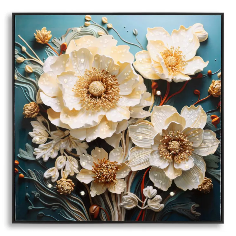 Dipinto su tela completo di telaio in legno e cornice in metallo nero NARCY -B Dimensione 82x4xh82 cm decoro raffigurante fiori bianchi evocano una bellezza delicata Mauro Ferretti Promozione Esclusiva