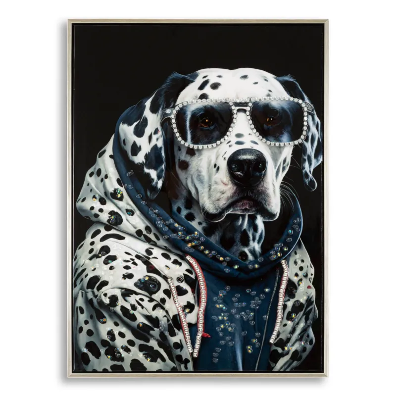 Dipinto su tela completo di telaio in legno e cornice in metallo argento BULLY Dimensione 53x2,8x h 873 cm decoro raffigurante Cane dalmata con felpa e occhiali da sole Mauro Ferretti Professionale