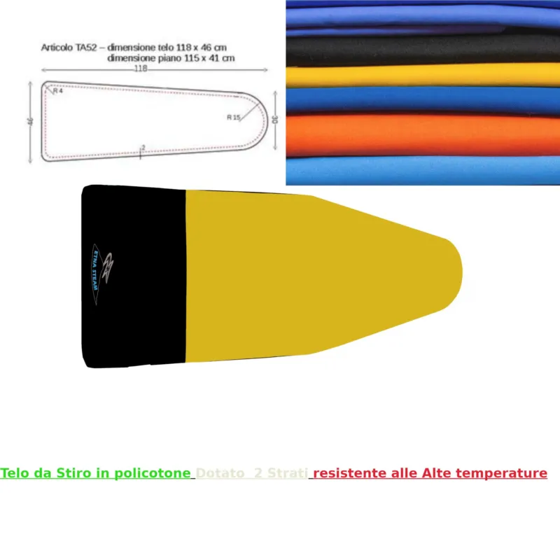 Novità Copriasse per assi da stiro con punta rotonda 118x46 cm per assi da Stiro con piano 115x41 cm, tessuto con imbottitura 600 gr Giallo Etna Steam