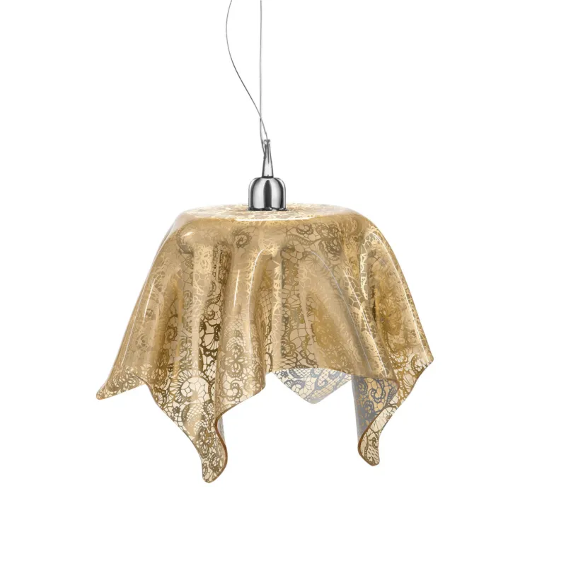 Spedizione Espresso Sospensione in Plexiglass Leavers Gold Paglia di Vienna Linea DRAPPEGGI PIZZO , Ø36x h 34 cm - 2,5 kg Colore Oro IPlex Design