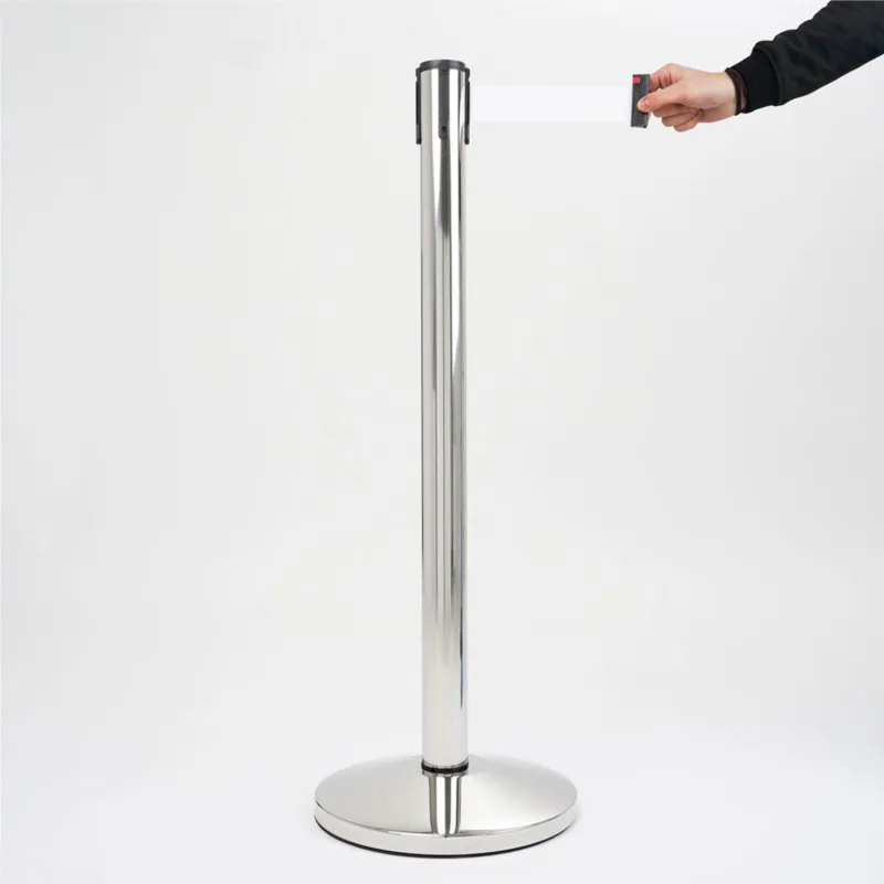 Affare Colonnina TENDINASTRO con base Conica, finitura acciaio LUCIDO e nastro estensibile fino a 3 metri blu Ø35xh 100 cm tre clip riceventi per concatenazione colore Bianco IWIRD SRL