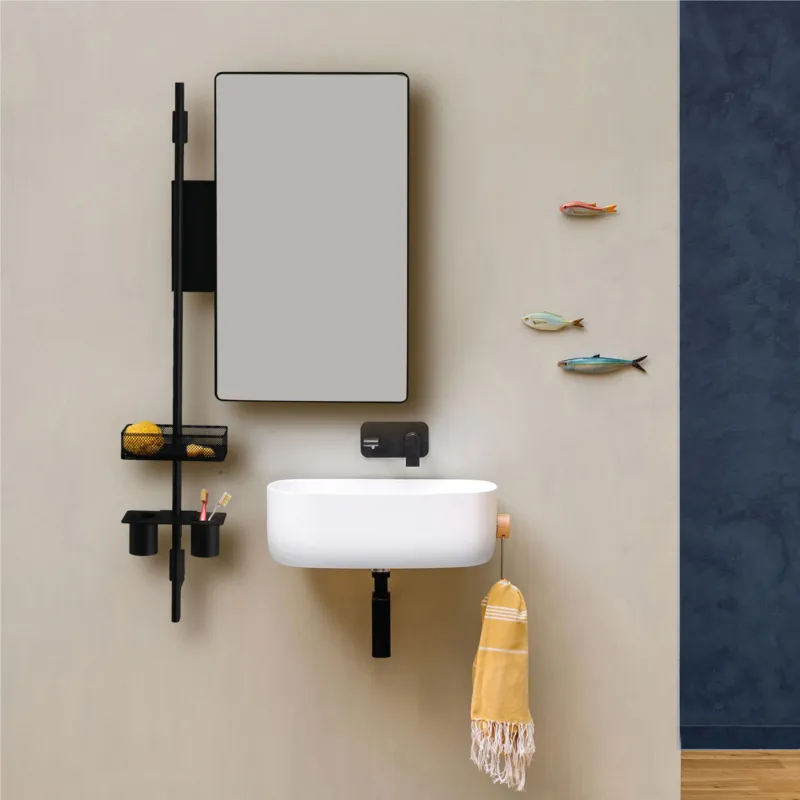Composizione di specchio di forma rettangolare, Altezza Barra 110 cm mensola e contenitore porta oggetti per il bagno. SISTEMA PROP Nero opaco RAL 9016 Ever Life Design Ultimissimo Modello