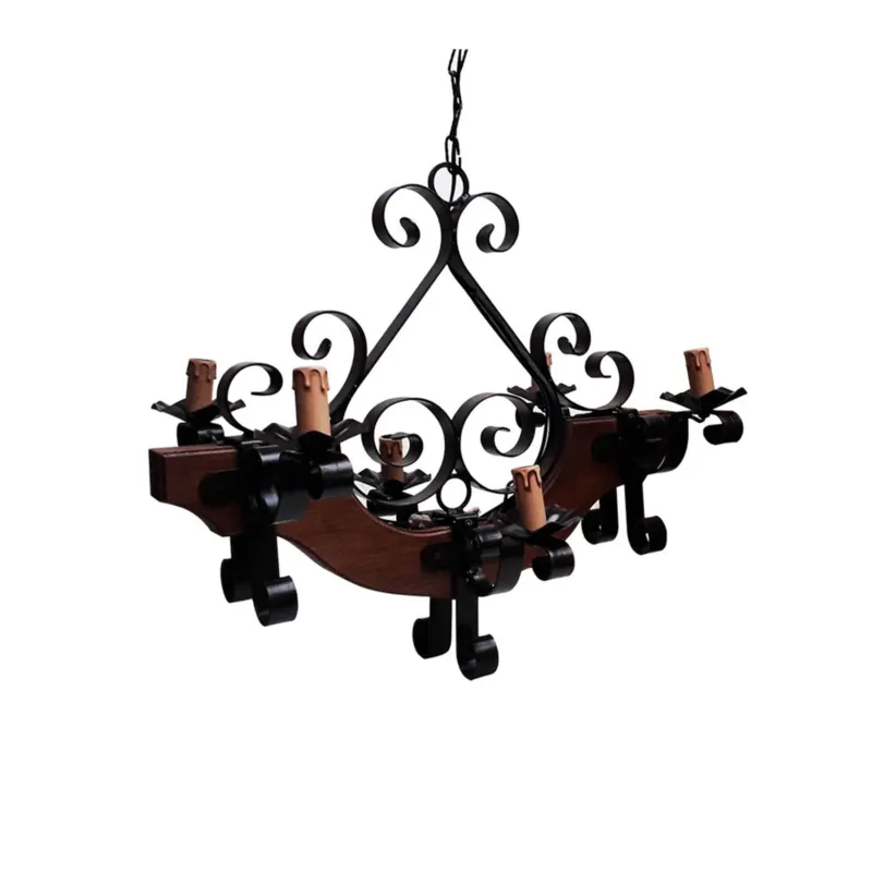 Prezzo Basso Lampadario ferro Battuto e legno 6 luci 67x67xh61cm -Peso 9 kg interno esterno, colore legno con ricci in ferro battuto Sessa Ferro Battuto