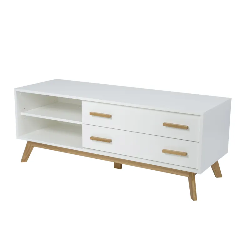Mobile tv nordico kensai in legno ingegnerizzato e massiccio, dimensioni 130 x 45 x h50 cm, peso 32 Kg, finitura bianco, rovere Woodman Offerta Lampo